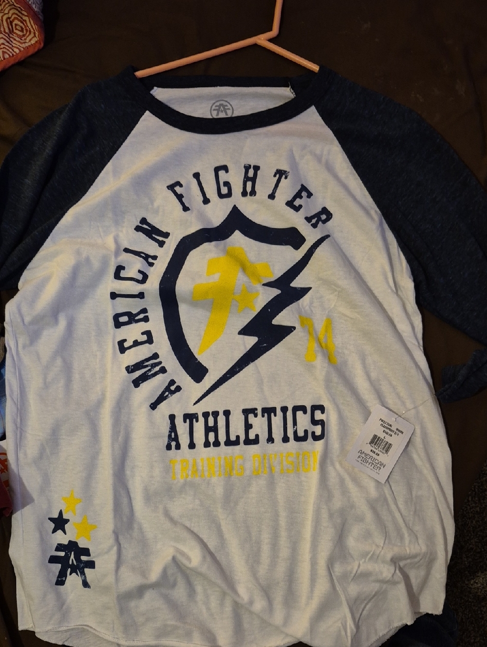American Fighter Athletic Raglan Tee - White & Navy with Yellow Accent